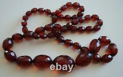 Vintage Cherry Amber Bakelite Faceted Graduated Bead Long Necklace 58g