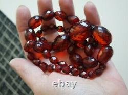 Vintage Cherry Amber Bakelite Faceted Graduated Bead Long Necklace 58g