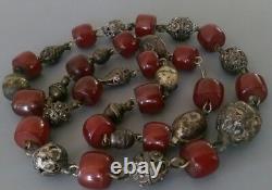 Vintage Cherry Amber Bakelite Faturan Old Silver Beads 82 GRAMS