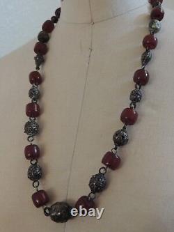 Vintage Cherry Amber Bakelite Faturan Old Silver Beads 82 GRAMS