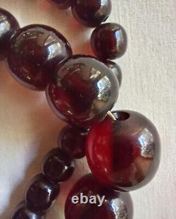 Vintage Cherry Amber Bakelite Marbled Faturan 105gr 68cm Round Beads Necklace