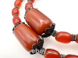 Vintage Cherry Red Faturan Amber Bakelite Silver Prayer Bead Necklace 28, 114g