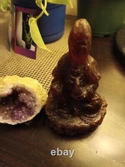 Vintage Chinese Cherry Amber Resin Carved Carving Kwan Yin