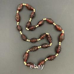 Vintage Chinese Hediao Carved Cherry Amber Bakelite Bead Lohan Buddha Necklace
