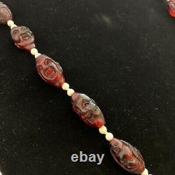 Vintage Chinese Hediao Carved Cherry Amber Bakelite Bead Lohan Buddha Necklace