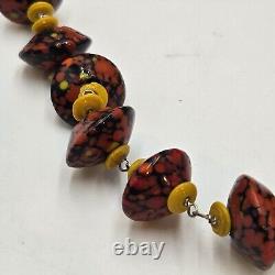 Vintage Czech Art Deco Lampwork Glass Red Yellow Mottled Bead Necklace 24