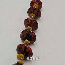 Vintage Czech Art Deco Lampwork Glass Red Yellow Mottled Bead Necklace 24