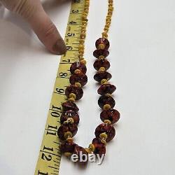 Vintage Czech Art Deco Lampwork Glass Red Yellow Mottled Bead Necklace 24