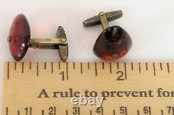 Vintage Modernist Scandanavian 835 Sterling Silver Cherry Amber Cufflinks Bugs