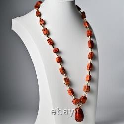 Vintage Original East India Red Agate Carnelian Gemstone Pendant Estate Necklace