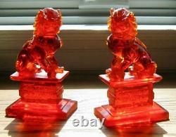 Vintage PR Carved Chinese CHERRY AMBER FOO DOGS 7.5 Insect Inclusion Genuine