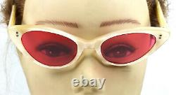Vintage Sunglasses Cat Eye Cute Gold Color Amber Acetate Ladies Red Lens 1950's