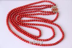 Vintage Three Row Red Coral Necklace Dutch 14k Gold Clasp