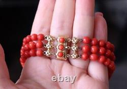 Vintage Three Row Red Coral Necklace Dutch 14k Gold Clasp