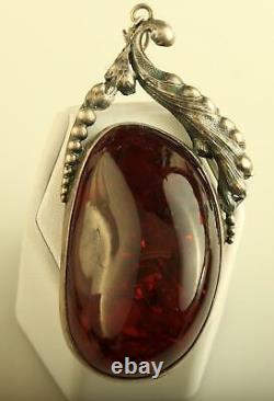 Vintage sterling silver cognac red amber floral ornate pendant