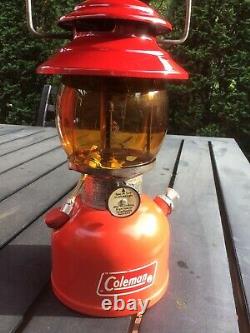 Vtg 2/76 Coleman 200A Single Mantle Red Lantern with Red Case & Amber Globe NICE