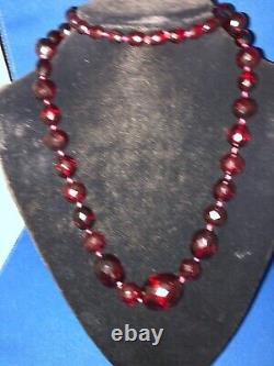 Vtg Cherry Amber Faceted Graduated Knotted Necklace 32 Long