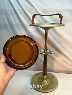 Vtg Mid Century Dutch Modern Smoking Stand Red Amber Glass Ash tray 25in Tall