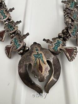 Vtg. Navajo Squash Blossom Necklace with Coral & Turquoise Chip Inlay Peyote Birds