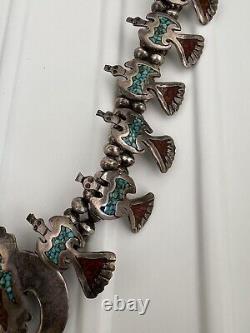 Vtg. Navajo Squash Blossom Necklace with Coral & Turquoise Chip Inlay Peyote Birds