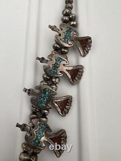 Vtg. Navajo Squash Blossom Necklace with Coral & Turquoise Chip Inlay Peyote Birds