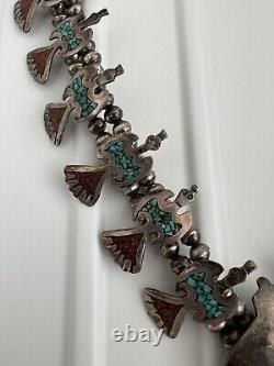 Vtg. Navajo Squash Blossom Necklace with Coral & Turquoise Chip Inlay Peyote Birds