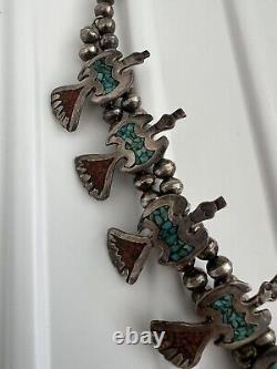 Vtg. Navajo Squash Blossom Necklace with Coral & Turquoise Chip Inlay Peyote Birds