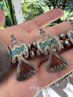 Vtg. Navajo Squash Blossom Necklace with Coral & Turquoise Chip Inlay Peyote Birds