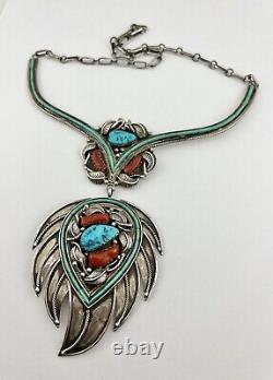 Vtg Navajo Sterling Silver Turquoise & Coral Heishi Collar Bib Dangle Necklace