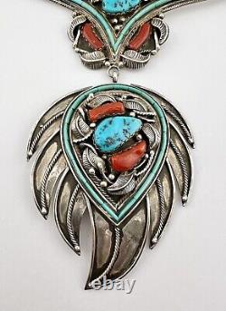 Vtg Navajo Sterling Silver Turquoise & Coral Heishi Collar Bib Dangle Necklace