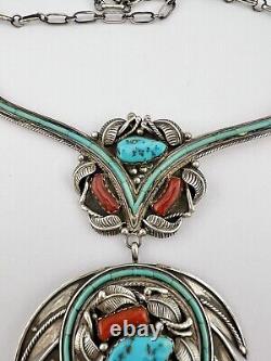 Vtg Navajo Sterling Silver Turquoise & Coral Heishi Collar Bib Dangle Necklace