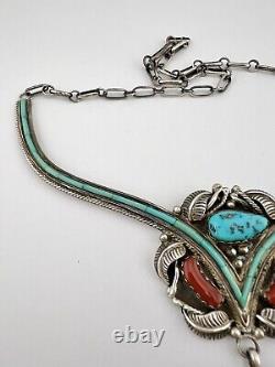 Vtg Navajo Sterling Silver Turquoise & Coral Heishi Collar Bib Dangle Necklace