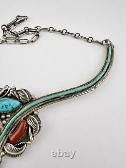 Vtg Navajo Sterling Silver Turquoise & Coral Heishi Collar Bib Dangle Necklace