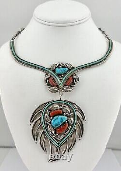 Vtg Navajo Sterling Silver Turquoise & Coral Heishi Collar Bib Dangle Necklace