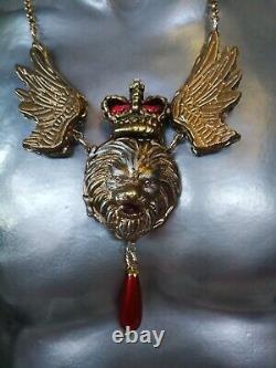 Winged Lion Woman Jewelry Talisman Amulet Pendant Necklace Pearl Royal Crown Bib