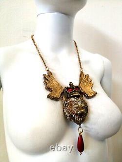 Winged Lion Woman Jewelry Talisman Amulet Pendant Necklace Pearl Royal Crown Bib