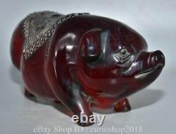10 Chine Rouge Ambre Sculpté 12 Année Zoodiaque Animal Pig Richesse Statue Sculpture