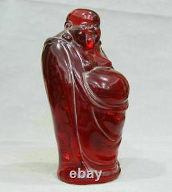 10 Chinois Rouge Amber Carving Stand Happy Laugh Maitreya Bouddha Luck Statue