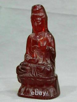 10 Chinois Rouge Amber Siège De Sculpture Kwan-yin Guan Yin Déesse Statue Sculpture