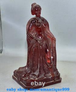 11.2'' L'ancienne Chine Rouge Ambre Main Sculptée Belle Femme Statue De Beauté