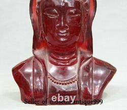 11.2 Vieille Ambre Rouge Chinoise Sculptée Guanyin Kwan-yin Bodhisattva Head Bust Statue