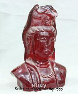 11.2 Vieille Ambre Rouge Chinoise Sculptée Guanyin Kwan-yin Bodhisattva Head Bust Statue