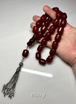 129 Grammes de Perles de Chapelet en Ambre de Cerisier Antique Faturan Bakélite Marbrée