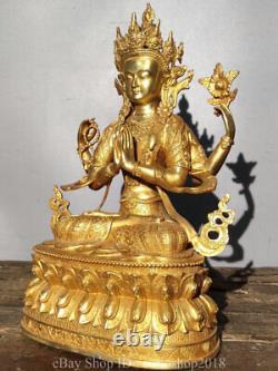 15.2 Vieux Tibet Bouddhisme Cuivre 4 Arm Guanyin Déesse Bouddha Lotus Statue