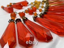 16 Pendeloques en cristal antique gouttes facettées en verre rouge et ambre Tchécoslovaquie
