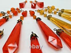 16 Pendeloques en cristal antique gouttes facettées en verre rouge et ambre Tchécoslovaquie