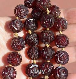 1930's Chinese Dark Cherry Amber Bakelite Carved Carving Bead Collier
