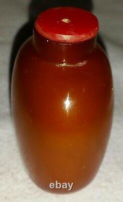 19e C Chinese Amber Glass Snuff Bottle Red Flower Bottom Hand Hollowed & Blown