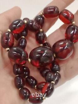28 Perles ovales graduées en ambre de cerisier en bakélite FATURAN Collier 14k 66g