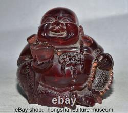 4.4 Ancien Rouge Chinois Ambre Sculpté Buuddhisme Happy Laugh Maitreya Bouddha Statue